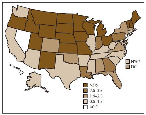 This U.S. map presents the incidence rate of cryptosporidiosis  by reporting jurisdiction (state and U.S. territory) for the year 2012.