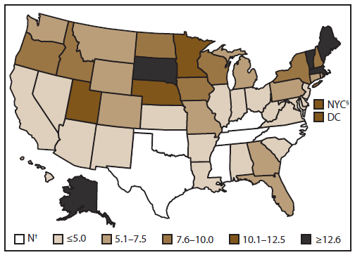 This U.S. map presents the incidence rate of giardiasis, by reporting jurisdiction (state and U.S. territories) during the year 2012.