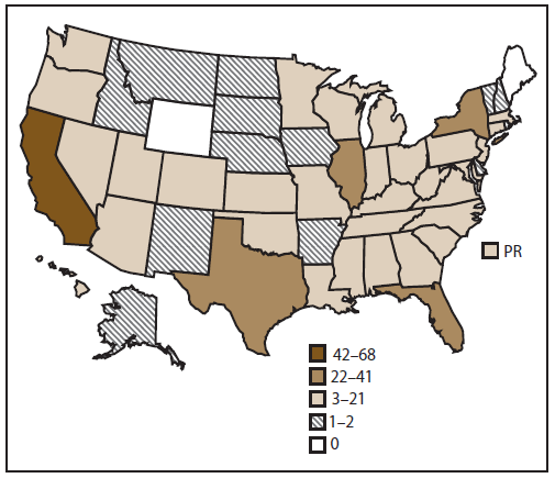 This map of the United States and Puerto Rico presents the location and number of assisted reproductive technology clinics. The map presents that in 2012 of the 486 clinics in reporting areas, a total of 456 (94%) submitted data.