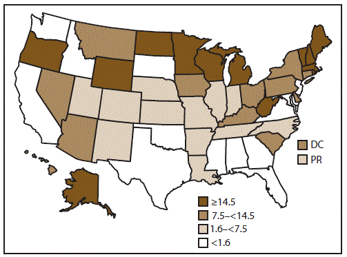 This figure is a map of the United States that presents the rate of outbreaks of acute gastroenteritis transmitted by person-to-person contact, environmental contamination, and unknown mode of transmission in each state and reporting area for the years 2009-2013. Of the 52 reporting sites, four reported <10 outbreaks each, 24 reported 10-99 outbreaks each, and 24 reported >100 outbreaks each.