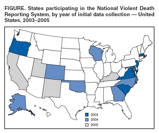 FIGURE. States participating in the National Violent Death Reporting System, by year of initial data collection — United States, 2003–2005