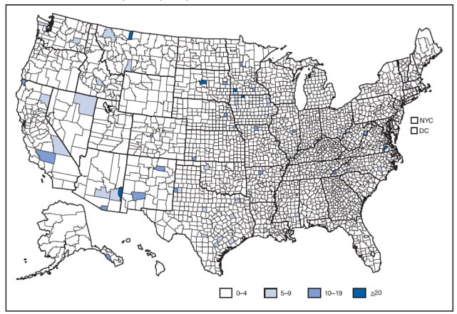 Incidence* of acute hepatitis A, by county --- United States, 2007