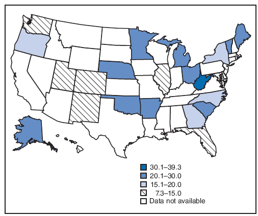 Prevalence of smoking after delivery* --- Pregnancy Risk Assessment Monitoring System (PRAMS), United States, 26 sites,† 2005