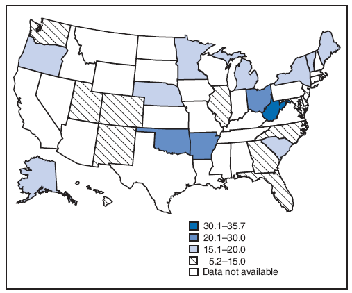 Prevalence of smoking during pregnancy* --- Pregnancy Risk Assessment Monitoring System (PRAMS), United States, 26 sites,† 2005