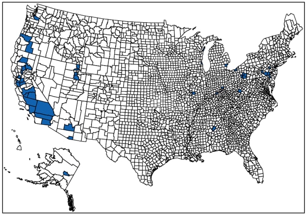 The figure shows a county-level map of the United States, indicating the 53 counties that did not meet the EPA 2006 PM2.5 standard of 35 μg/m3 from 2006-2008. Clusters of counties appear in the western region, especially, California and the northeastern region.