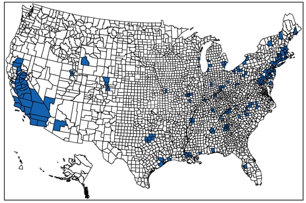 The figure shows a county-level map of the United States, indicating the 201 counties that did not meet the EPA 2008 ozone standard of 75 ppb from 2007-2009. Clusters of counties appear in California and northeastern coast.