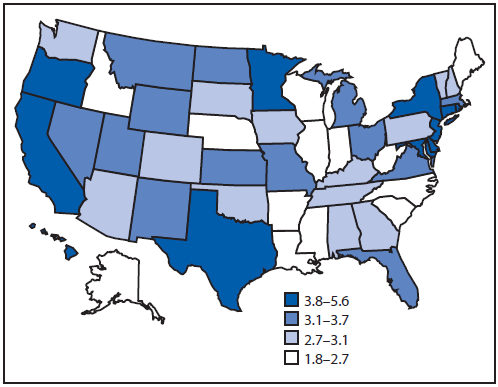 The figure shows the percentage of the U.S. population living within 150 meters of a major highway, by state in 2010. The percentage was calculated by dividing the total population within 150 meters of a major highway by the total population per state and multiplying by 100. The percentages are displayed using quartiles.