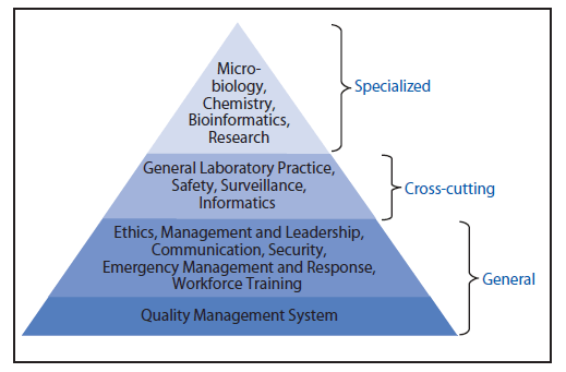 This figure is a triangle showing a schematic of competency domains for public health laboratory professionals. Teams of subject matter experts developed general, cross-cutting technical, and specialized competencies, with a quality management system as the foundation of every activity. The base of the triangle comprises general competencies: Quality Management, followed in a separate tier by Ethics, Management and Leadership, Emergency Management and Response, and Workforce Training. The middle section of the triangle comprises cross-cutting technical competences: General Laboratory Practice, Safety, Surveillance, and Informatics. The apex of the triangle comprises specialized competencies: Microbiology, Chemistry, Bioinformatics, and Research.