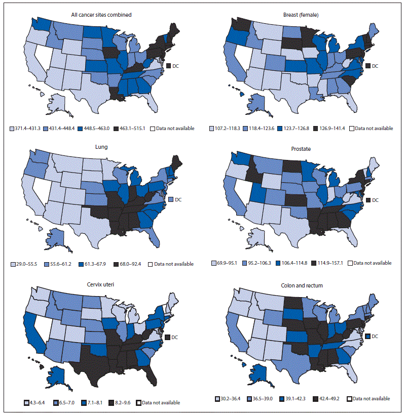 This figure presents six maps of the United States showing the age-adjusted rate per 100,000 persons of invasive cancer cases for 2012 by primary cancer site for all cancer sites combined, female breast, lung, prostate, cervix uteri, and colon and rectum. The number of cases varies by state.