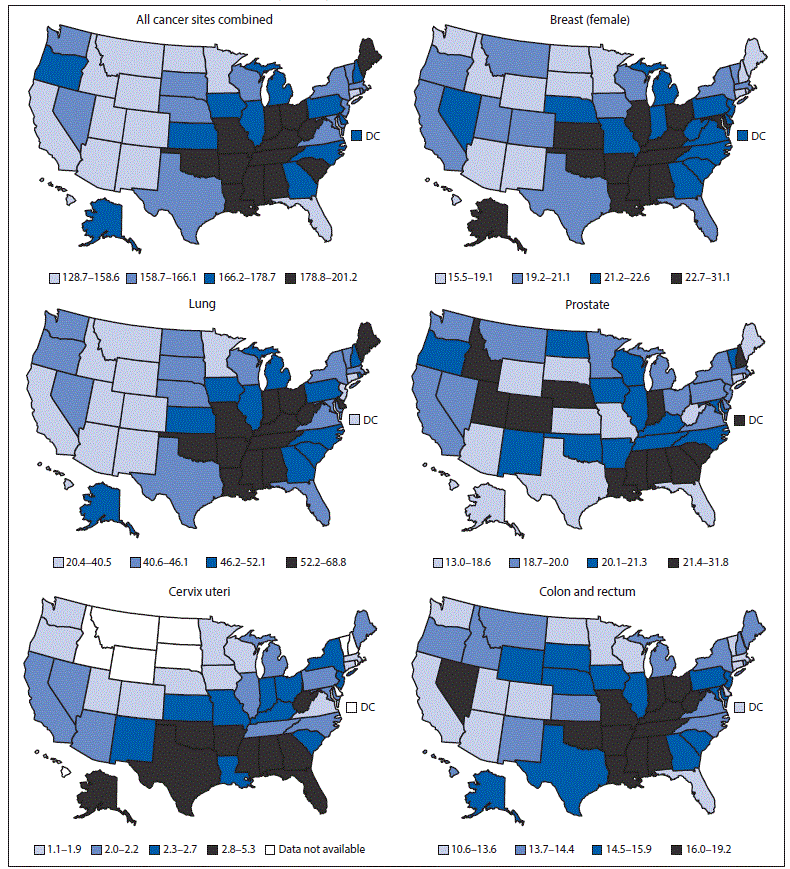 This figure presents six maps of the United States showing the age-adjusted rate per 100,000 persons of cancer deaths for 2012 by primary cancer site for all cancer sites combined, female breast, lung, prostate, cervix uteri, and colon and rectum. The number of cases varies by state.