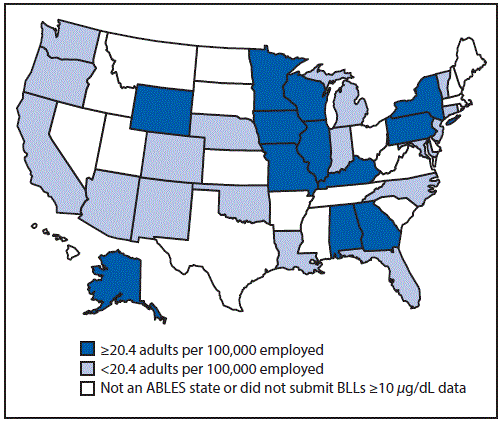 The figure shows a map of the United States indicating the prevalence rate per 100,000 employed persons aged â‰¥16 years of elevated blood lead levels â‰¥10 Î¼g/dL for 2013 in the 28 states that participated in the State Adult Blood Lead Epidemiology and Surveillance programs. Results varied by state. The national rate in 2012 was 22.5 cases per 100,000 employed adults aged â‰¥16 years.