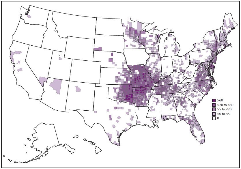 This figure is a photograph showing the reported incidence rate of Ehrlichia chaffeensis ehrlichiosis, by county, in the United States during 2000–2013, as reported through national surveillance, per 1,000,000 persons per year. Cases are reported by county of residence, which is not always where the infection was acquired.