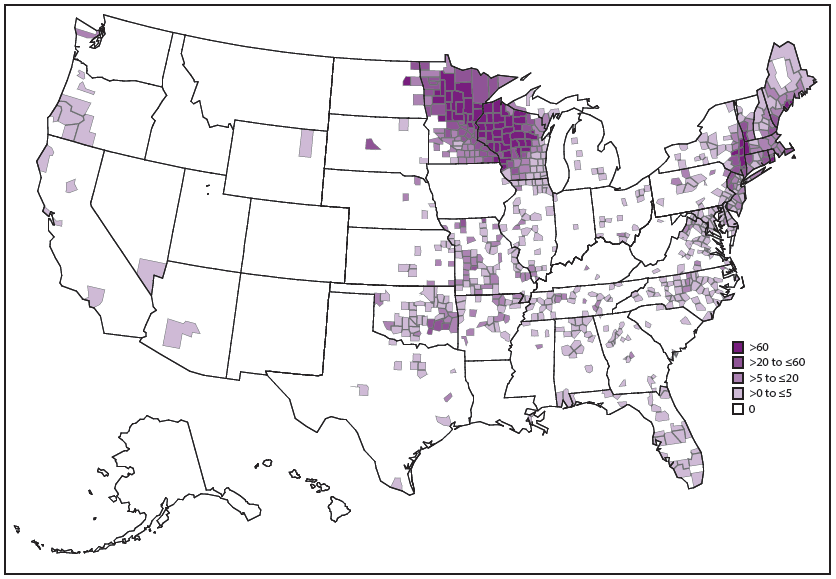 This figure is a map showing the reported incidence rate of anaplasmosis, by county, in the United States during 2000–2013, as reported through national surveillance, per 1,000,000 persons per year. Cases are reported by county of residence, which is not always where the infection was acquired.