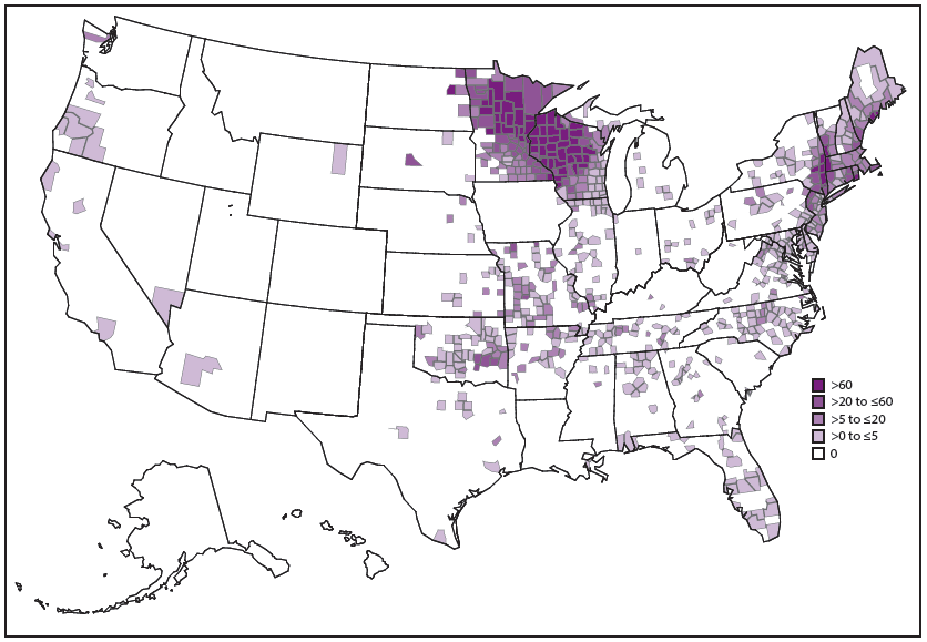 rr6502a1f15.gif This figure is a map showing the reported incidence rate of anaplasmosis, by county, in the United States during 2000–2013, as reported through national surveillance, per 1,000,000 persons per year. Cases are reported by county of residence, which is not always where the infection was acquired.