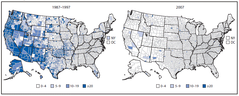 The figure shows two maps of the United States divided into counties. The left-hand map shows the rate per 100,000 population of reported acute hepatitis A cases during 1987â€“1997 (in the pre-vaccine era) and the right-hand map shows the average annual incidence of reported acute hepatitis A cases for 2007. Both maps use data from the National Notifiable Diseases Surveillance System.