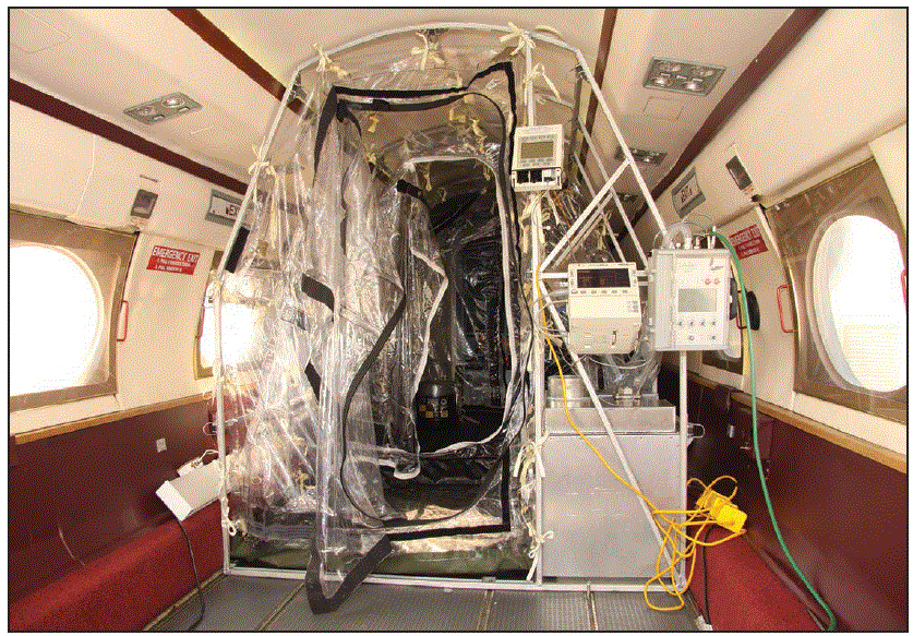 The figure shows a photograph of an Aeromedical Biologic Containment System installed in a Gulfstream III aircraft.