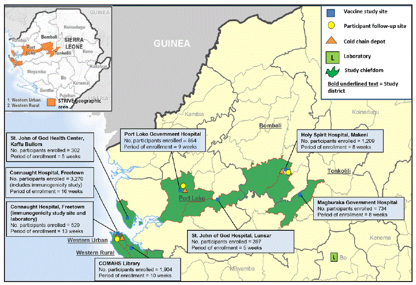 Map of Sierra Leone shows the locations of the chiefdoms where the Sierra Leone Trial to Introduce a Vaccine against Ebola (STRIVE) took place in the Western Urban, Western Rural, Port Loko, Bombali, and Tonkolili districts. Locations are shown in each district for the vaccine study site, participant follow-up site, and cold chain depot. The laboratory is shown in the Bo district. Information given for each site includes the number of participants enrolled and the period of enrollment at the site, as follows: St. John of God Health Center, Kaffu Bullom (Port Loko district), 302 participants enrolled and enrollment period of 5 weeks; Connaught Hospital, Freetown (Western Urban district), 3,270 participants enrolled and enrollment period of 16 weeks (the number enrolled includes immunogenicity); Connaught Hospital, Freetown (Western Urban district) immunogenicity study site and laboratory, 529 participants enrolled and enrollment period of 13 weeks; Port Loko Government Hospital (Port Loko district), 864 participants enrolled and enrollment period of 9 weeks; St. John of God Hospital, Lunsar (Port Loko district), 397 participants enrolled and enrollment period of 5 weeks; COMAHS Library (Western Rural district), 1,904 participants enrolled and enrollment period of 10 weeks; Holy Spirit Hospital, Makeni (Bombali district), 1,209 participants enrolled and enrollment period of 8 weeks; Magburaka Government Hospital (Tonkolili district), 734 participants enrolled and enrollment period of 8 weeks