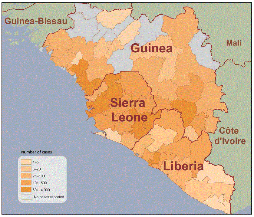 The map shows the total number of cases of Ebola by prefecture (Guinea), county (Liberia), and district (Sierra Leone). The highest counts (501–4,000) were mostly in districts of Sierra Leone. Many prefectures in Guinea had no cases reported or less than 100 cases. Counties in Liberia had counts that varied from the smallest range (1 to 5) to the highest. In the last 21 days, cases had been reported in a southern prefecture of Guinea.