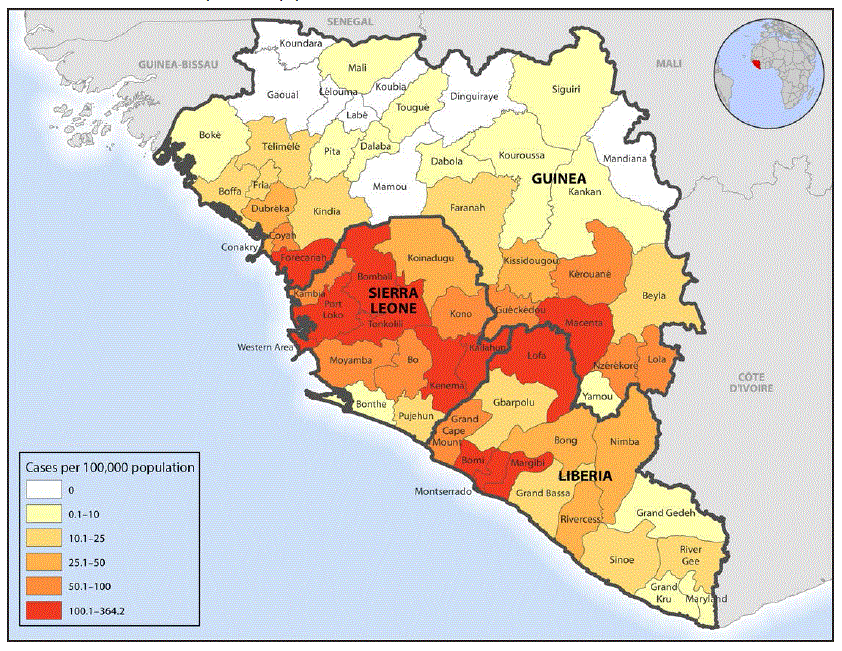su6503a3f1.gif The map shows the number of cases of Ebola virus disease by prefecture (Guinea), county (Liberia), and district (Sierra Leone). The highest counts (100.1–364.2 cases per 100,000 population) were in 6 districts of Sierra Leone and 4 counties in Liberia. Two prefectures in Guinea had the highest counts; 8 prefectures had 0 cases and 10 had 0.1–10.0 cases per 100,000.