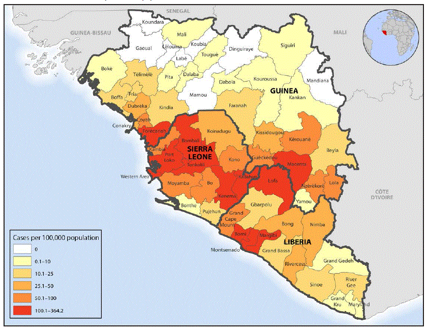 The map shows the number of cases of Ebola virus disease by prefecture (Guinea), county (Liberia), and district (Sierra Leone). The highest counts (100.1–364.2 cases per 100,000 population) were in 6 districts of Sierra Leone and 4 counties in Liberia. Two prefectures in Guinea had the highest counts; 8 prefectures had 0 cases and 10 had 0.1–10.0 cases per 100,000.