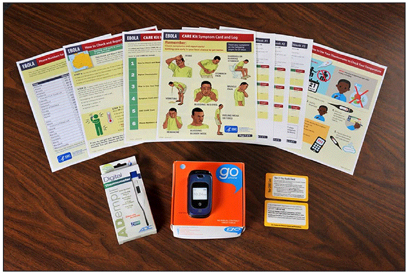 The Check and Report Ebola kit contained printed information on identifying symptoms, how to check and report temperature, and who to call with questions or to report symptoms; a digital thermometer; a cell phone; and a quick-reference card.