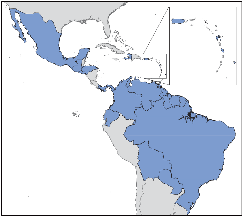 The figure above is a map showing countries and territories with documented local transmission of Zika virus infection reported to the Pan American Health Organization in the Region of the Americas during 2015–2016.