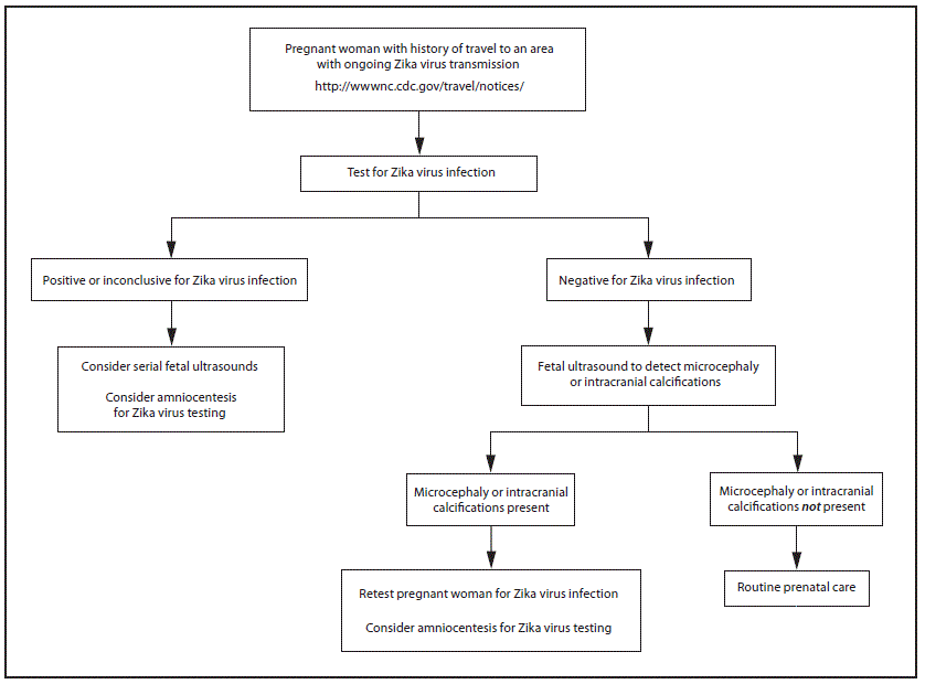 The figure above is a flow chart showing updated interim guidance on a testing algorithm for a pregnant woman with history of travel to an area with ongoing Zika virus transmission.