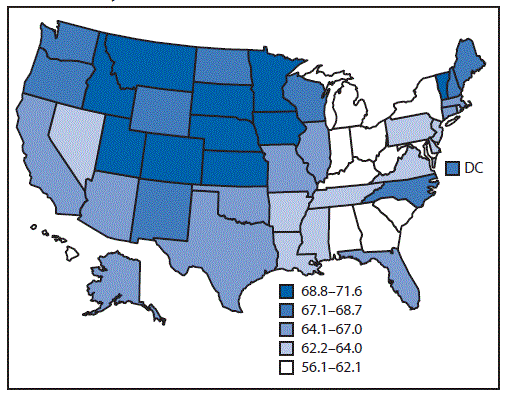 The figure above is a map showing age-adjusted percentage of adults in the United States who reported ≥7 hours of sleep per 24-hour period, by state, during 2014.