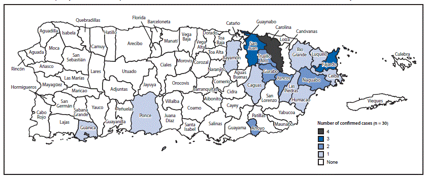 The figure above is a map of Puerto Rico showing municipality of residence of persons with Zika virus disease during November 23, 2015–January 28, 2016.