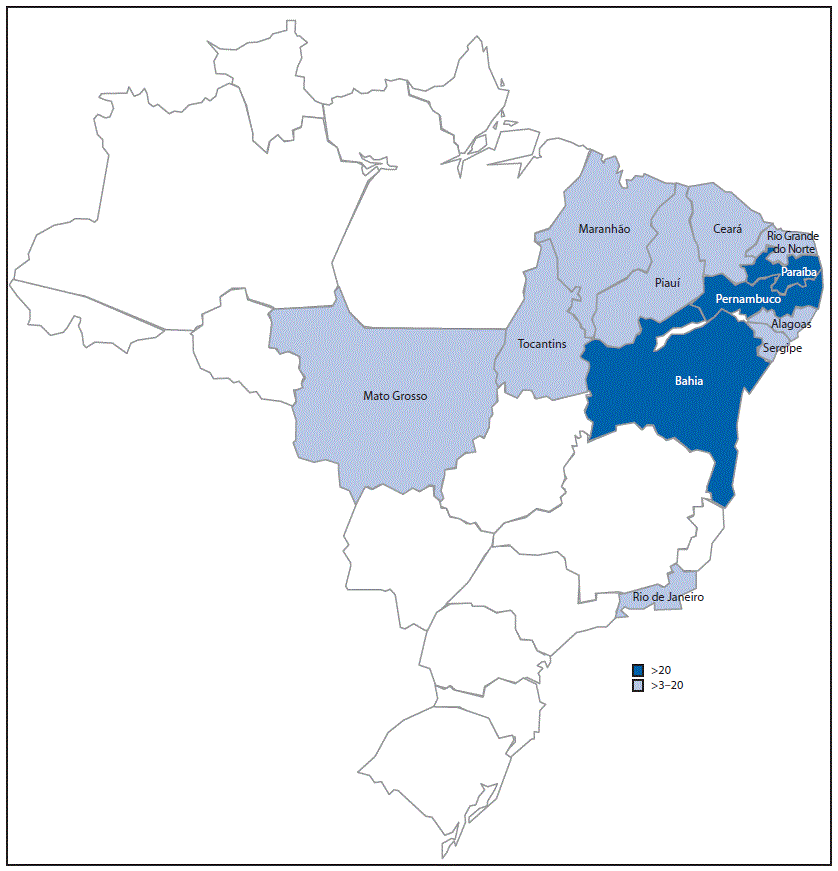 The figure above is a map showing locations of nine states with reported cases of microcephaly in 2015 exceeding 3 standard deviations and three states exceeding 20 standard deviations above the mean number of cases reported annually during 2000–2014 in Brazil.