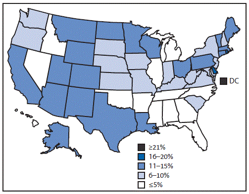 The figure above is a map of the United States showing the percentage of family planning users who were male at Title X service sites in the United States during 2014.