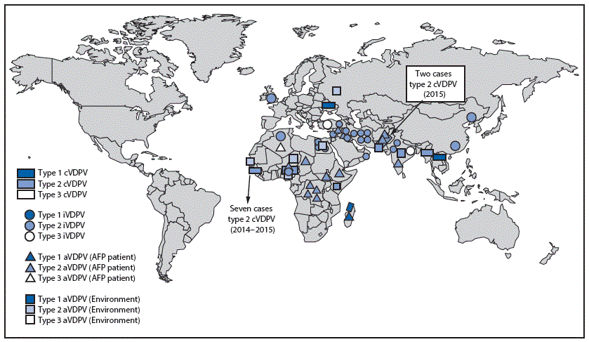 The figure above is a map of the United States showing vaccine-derived polioviruses detected worldwide during January 2015–May 2016.