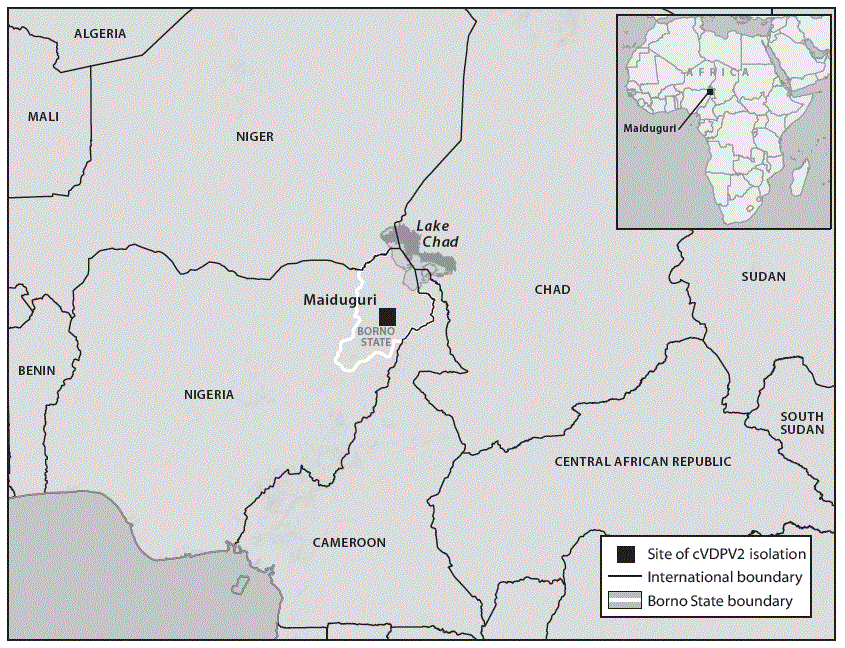 m6530a4f1.gif The figure above is a map showing the location of the laboratory-confirmed circulating vaccine-derived poliovirus type 2 isolate reported from an environmental sewage sample in Maiduguri, Borno State, Nigeria during April 29, 2016.