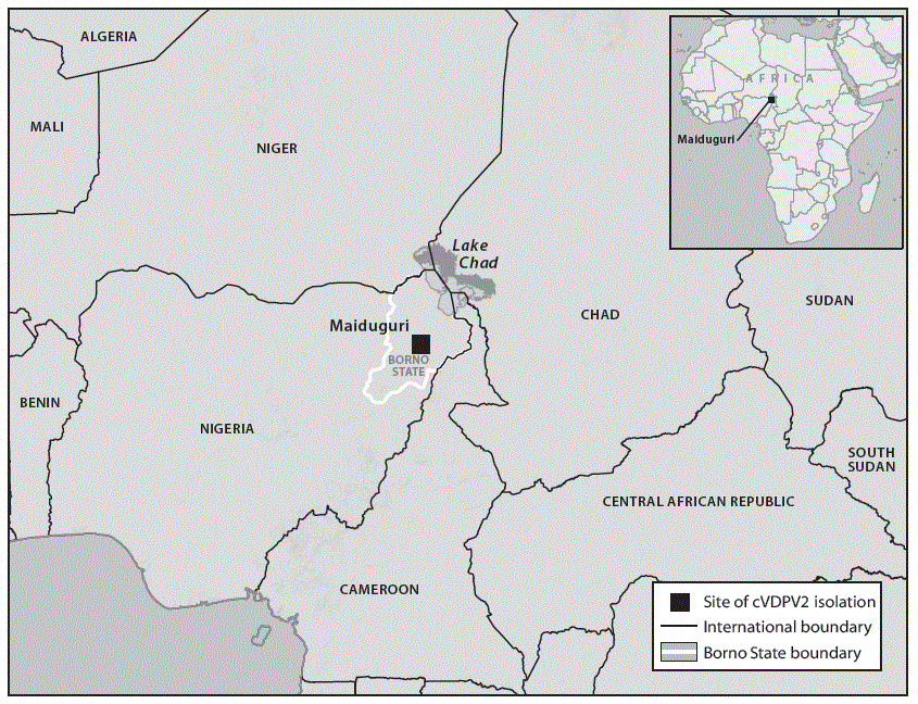The figure above is a map showing the location of the laboratory-confirmed circulating vaccine-derived poliovirus type 2 isolate reported from an environmental sewage sample in Maiduguri, Borno State, Nigeria during April 29, 2016.
