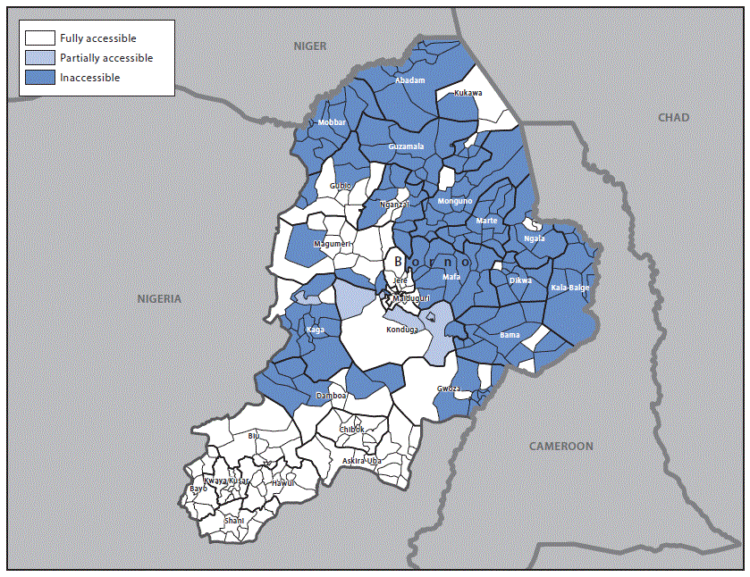m6530a4f2.gif The figure above is a map showing security-related accessibility classification within the 27 local government areas of Borno State, Nigeria during May 2016.