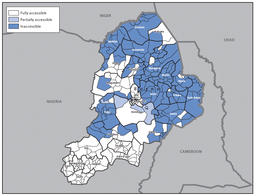 The figure above is a map showing security-related accessibility classification within the 27 local government areas of Borno State, Nigeria during May 2016.