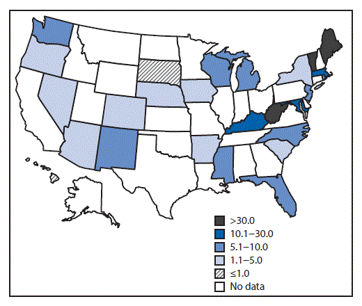 The figure above is a map of the United States showing the incidence rate of neonatal abstinence syndrome for 25 states during 2012–2013.