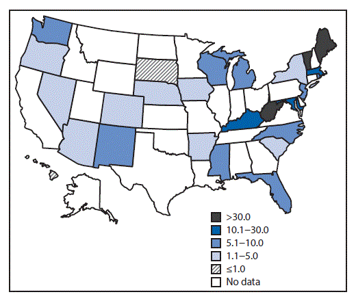 m6531a2f.gif The figure above is a map of the United States showing the incidence rate of neonatal abstinence syndrome for 25 states during 2012–2013.