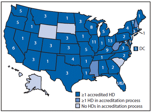 : The figure above is a map of the United States showing the number of Public Health Accreditation Board–accredited health departments in the United States during May 2016.