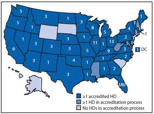 m6531a3f.gif : The figure above is a map of the United States showing the number of Public Health Accreditation Board–accredited health departments in the United States during May 2016.