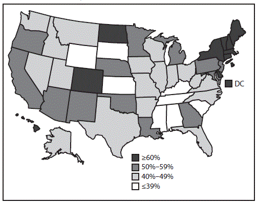 The figure above is a map of the United States showing estimated vaccination coverage with ≥1 dose of HPV vaccine among male adolescents aged 13–17 years during 2015.