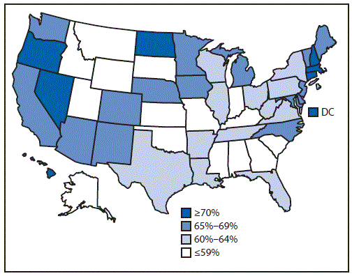 The figure above is a map of the United States showing estimated vaccination coverage with ≥1 dose of HPV vaccine among female adolescents aged 13–17 years during 2015.
