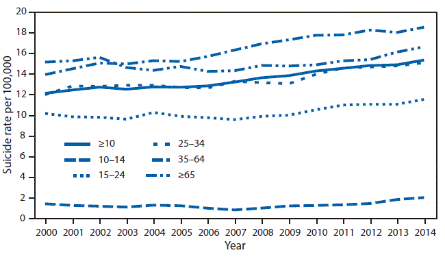 The figure above is a line chart showing suicide rates per 100,000 persons, by age group, in the United States during 2000–2014.