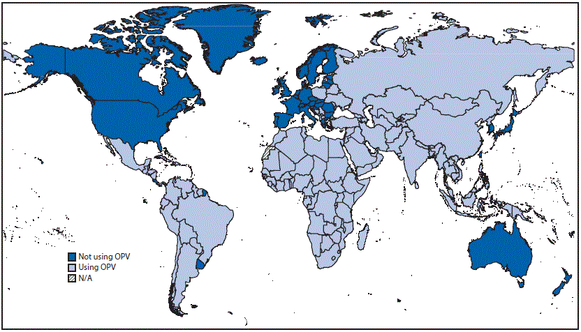 The figure above is a world map showing countries and territories using oral poliovirus vaccine worldwide during 2015.