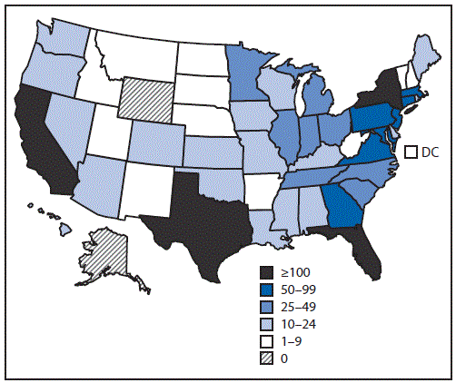 The figure above is a map of the United States showing the number of confirmed and probable Zika virus disease cases reported from states and the District of Columbia during January 1â€“July 31, 2016.