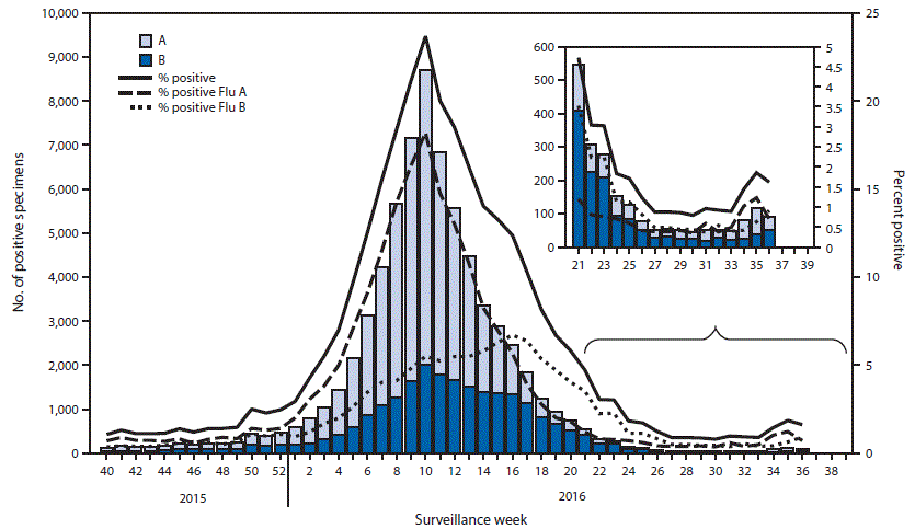  The figure above is a combination histogram and line graph showing the number and percentage of respiratory specimens testing positive for influenza reported by clinical laboratories, by type and week, in the United States during October 4, 2015â€“September 10, 2016.