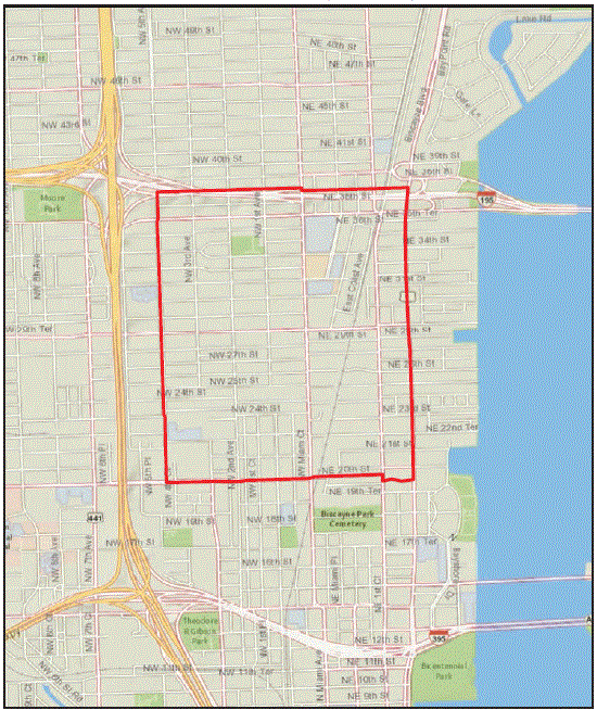 The figure above is a map showing a 1 square-mile area encompassing the 6-block area of the Zika virus transmission outbreak plus a buffer zone.