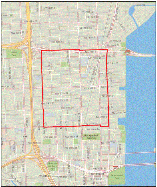  The figure above is a map showing a 1 square-mile area encompassing the 6-block area of the Zika virus transmission outbreak plus a buffer zone.