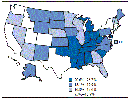 The figure above is a map of the United States showing state-specific prevalence of cigarette smoking among adults aged â‰¥18 years during 2014.