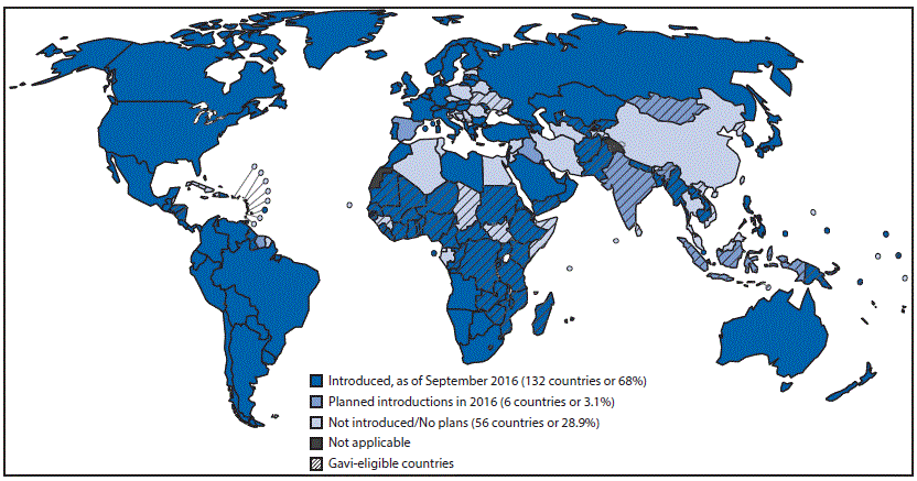 The figure above is a map of the world showing countries with current or planned use of pneumococcal conjugate vaccine in the national immunization program, as of September 2016.